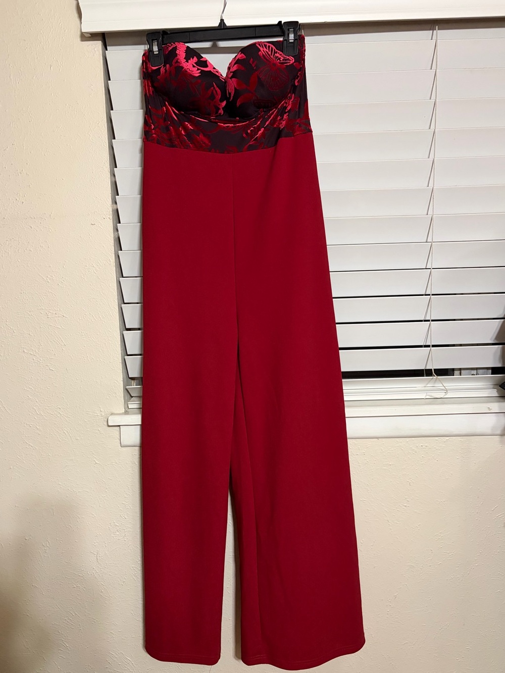 SHEIN Strapless Red Floral Bust Wide-Leg Jumpsuit
